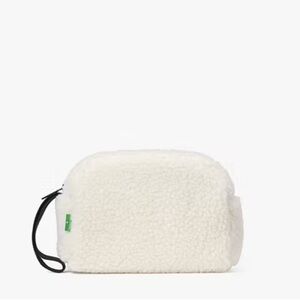 Kate Spade Faux Shearling Travel Pouch Cosmetic Case Wristlet Cream White Zip